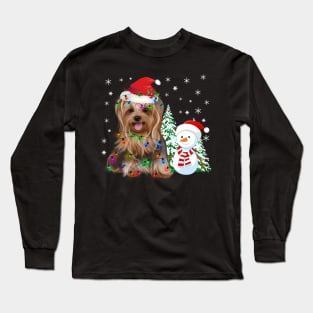 Yorkshire Terrier Christmas Santa Hat Xmas Lights Yorkie Dog Long Sleeve T-Shirt